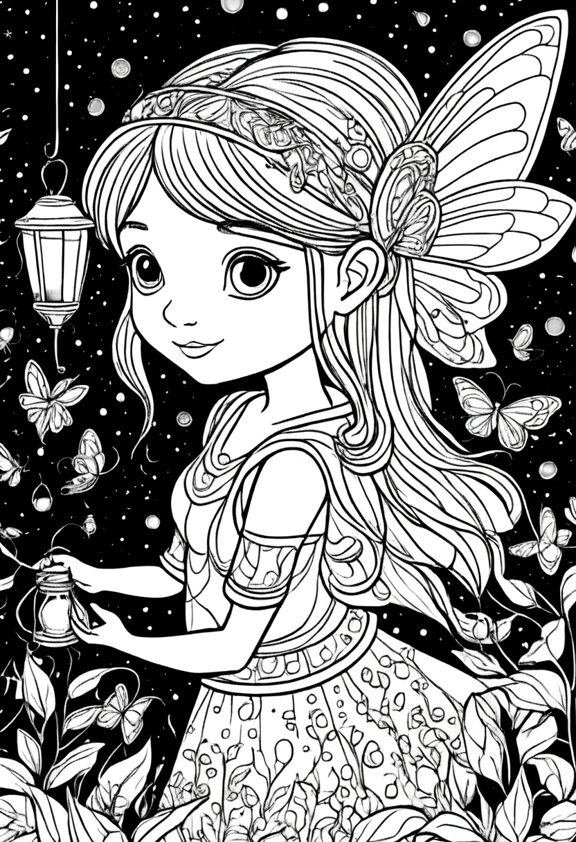 (A black and white coloring book:1.5), A fairy lighting up the night with a lantern made of fireflies, clean line art, white background, colouring page, clean outline