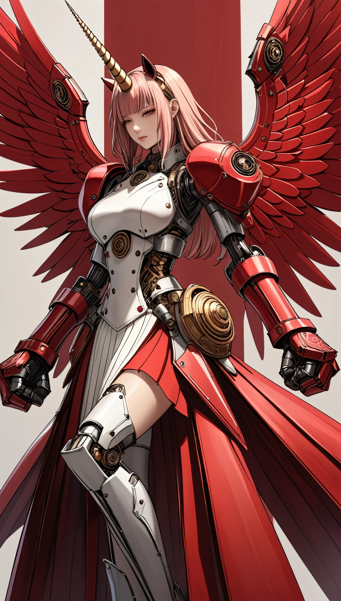 unicorn horn,metal spiral sharp corners,in style of Santiago Caruso,
huge mechanical angel wings,mechanical_halo,1 girl,mechanical wrist,mechanical skirt with pleated skirt,(huge makeover mechanical fists:1.5),
the fist flashed red,(bold,smooth,elegant,curvaceoous,precise:1.2)