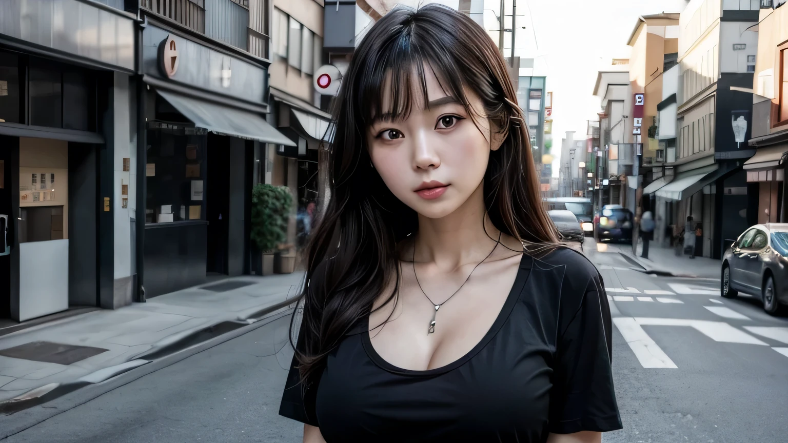 Japanese woman on the street in a black t-shirt, neckleace,breasts big