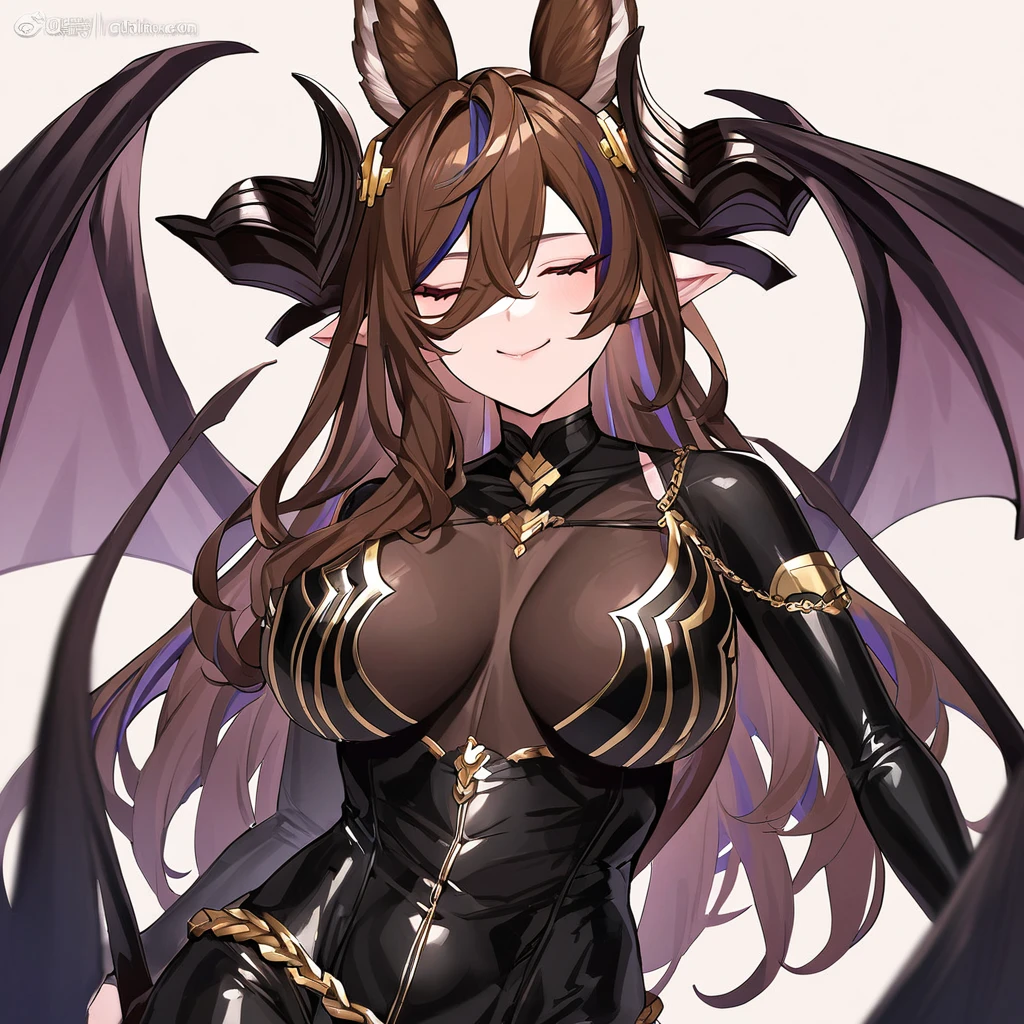 ((Highest quality)), ((masterpiece)), (detailed), (Perfect Face)、The woman is a naked demon queen, Devil Queen Galleon, wearing a shiny black full-body bodysuit decorated with gold, a sexy female demon, Devil Queen Galleon、The woman is a female demon with magnificent devil horns, jet black devil wings and a jet black tail. She is looking at the camera with a happy expression, a demon named Galeon, with brown medium long hair, eyes closed and the expression of a girl in love.、The woman is Galeon