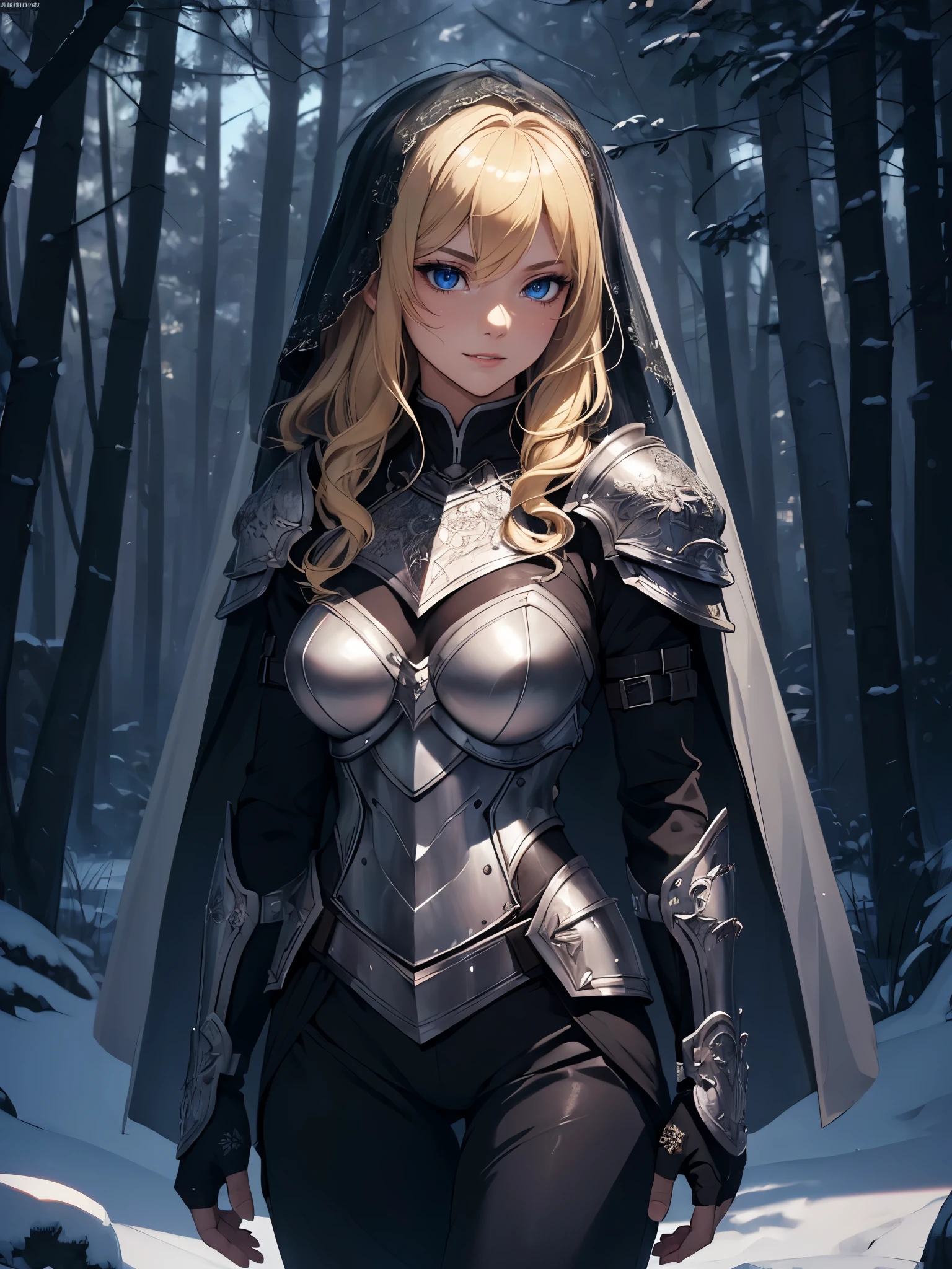 ((1girl, solo)), beautiful body, (perfect anatomy, perfect body, perfect hands, perfect legs), (five fingers:1.5), natural proportions, sexy body, large breasts, cowboy shot BREAK
((extremely detailed face)), (beautiful detailed eyes:1.6), (realistic pupils, realistic iris:1), expressive eyes, looking at viewer, (clear eyes:1.3), (hyperrealistic:1.2), (detailed skin texture:1.2), smooth skin, (blonde hair:1.5), blue eyes, long hair, (detailed lips:1.2), (attractive lips:1.1), (glossy lips:1.1), (grin), perfect face, perfect eyes BREAK
female knight, (veil:1.5), long sleeves, (armor:1.5), (shoulder armor:1.2), (arm guard:1.3), armor gloves, (pants:1.5), skin tight, ((pelvic curtain)), armored boots, belt BREAK
(outdoors:1.5), (day:1.3), (winter:1.3), trees, (shade of trees:1.2), (snow), mountain range, medieval BREAK
(masterpiece:1.5), anime-style, top quality, best quality, (beautiful and aesthetic:1.2), (ultra detail:1.5), Ultra-detailed depiction, Ultra-precise depiction, extremely detailed 8k illustration, high resolution, (highly detailed shading:1.2), (realistic lighting:1.4), perfect lighting, vibrant colors, dynamic tones, striking hues, 8k, absurd resolution, perfect shadows, hdr, UHD, ambient lighting, realistic, ultra-realistic, photo realistic, highly detailed, rich detail, luminous colors, fine texture, intricate design, professional illustration, (soft light:1.2), (illustration:0.7)