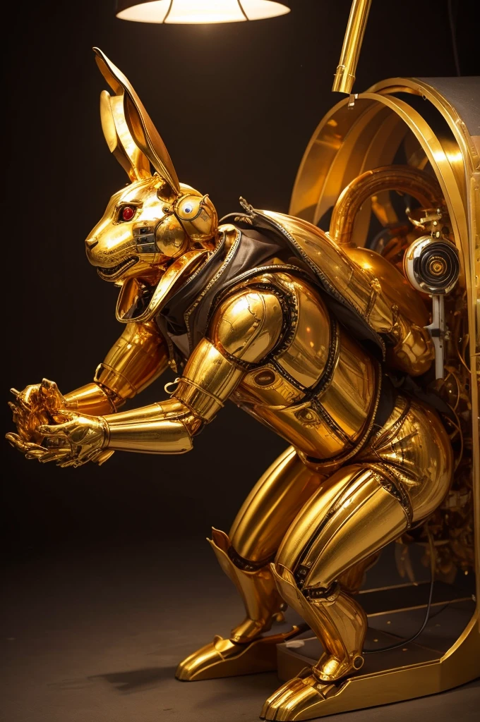 An old ANIMATRONIC golden rabbit with a DECOMPOSITION human body inside