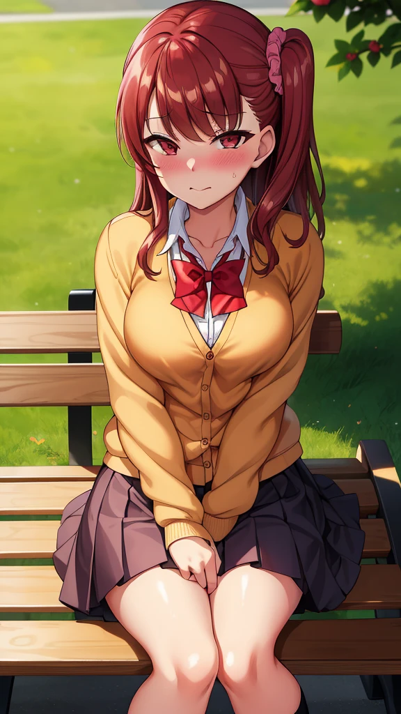 masterpiece, best quality, highly quality , IzmNgm-KJ , pink scrunchie , hair scrunchie , side ponytail , cardigan , white shirt , red bow , pleated skirt , black skirt , park background , (blush:1.2) , sitting , bench , tree , looking at viewer,