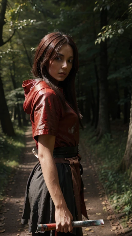 , View from the side image, textured Speedpaint of the little Red Riding Hood woman in the forest holding a japanese sword (Katana), paint Lora Zombie Style