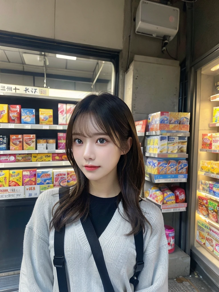 camisole、(Highest quality,masterpiece:1.3,Ultra-high resolution,),(Ultra-detailed,Caustics),(Photorealistic:1.4,RAW shooting,)Ultra-Realistic Capture,Very detailed,High resolution 16K for human skin、 The skin texture is natural、、The skin looks healthy、The color is also uniform.,One Woman,Japanese,,cute、(Depth of written boundary、chromatic aberration、、Wide range of lighting、Natural Shading、)、Inside a convenience store、(Hair swaying in the wind:1.2)