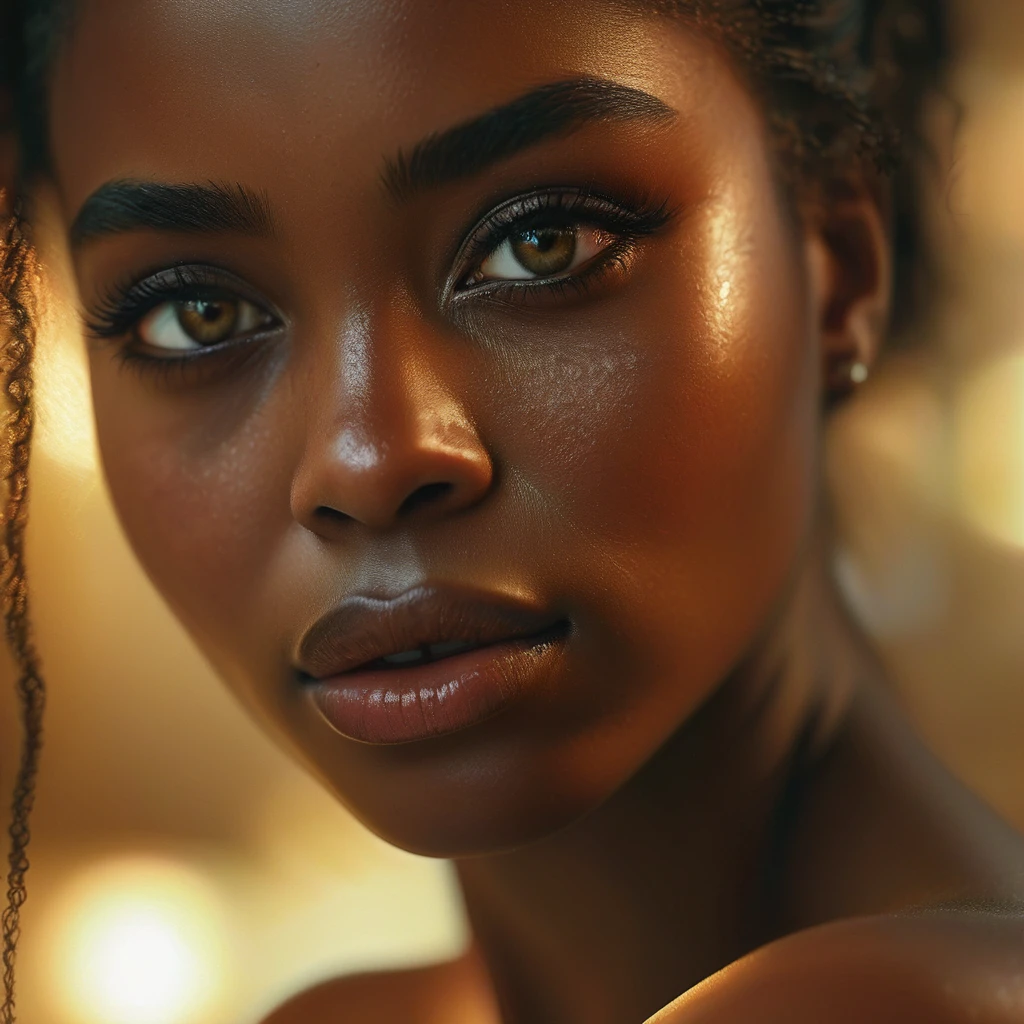 1girl, dark skinned, photography, highly detailed face, beautiful eyes, long eyelashes, refined facial features, elegant pose, serene expression, photorealistic, 8k, HDR, studio lighting, professional photography, cinematic lighting, warm color tones, natural skin tones, intricate details, hyper realistic