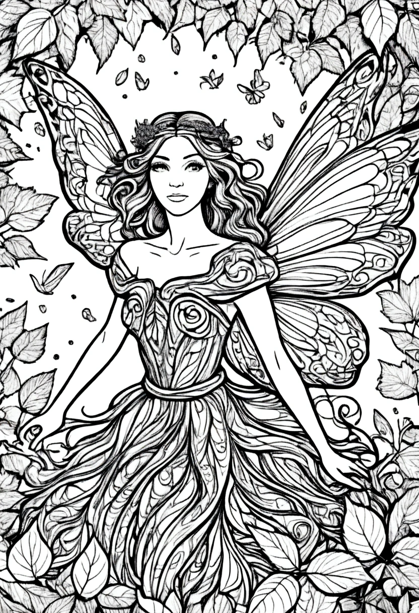 (A black and white coloring book:1.5), A fairy with wings made of autumn leaves, flying through a forest, white background, colouring page, clean outline