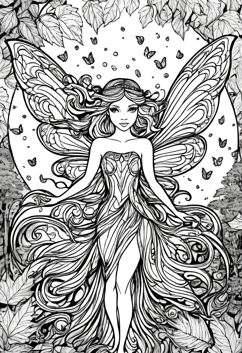 (A black and white coloring book:1.5), A fairy with wings made of autumn leaves, flying through a forest, white background, colouring page, clean outline