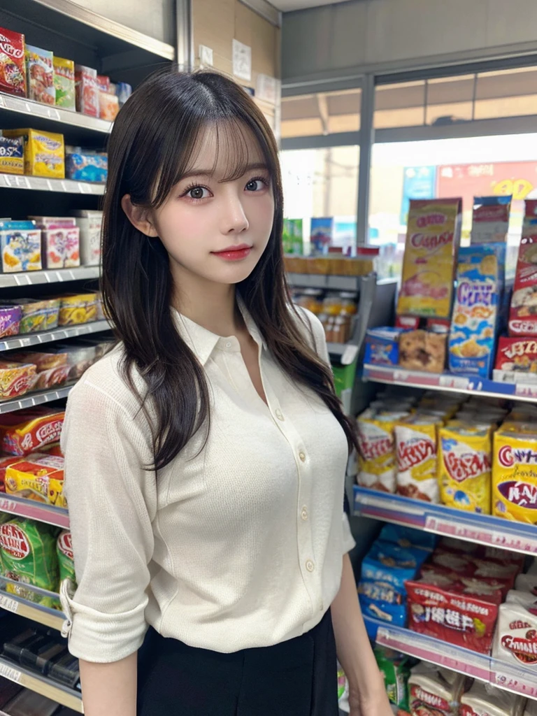 camisole、(Highest quality,masterpiece:1.3,Ultra-high resolution,),(Ultra-detailed,Caustics),(Photorealistic:1.4,RAW shooting,)Ultra-Realistic Capture,Very detailed,High resolution 16K for human skin、 The skin texture is natural、、The skin looks healthy、The color is also uniform.,One Woman,Japanese,,cute、(Depth of written boundary、chromatic aberration、、Wide range of lighting、Natural Shading、)、Inside a convenience store、(Hair swaying in the wind:1.2)