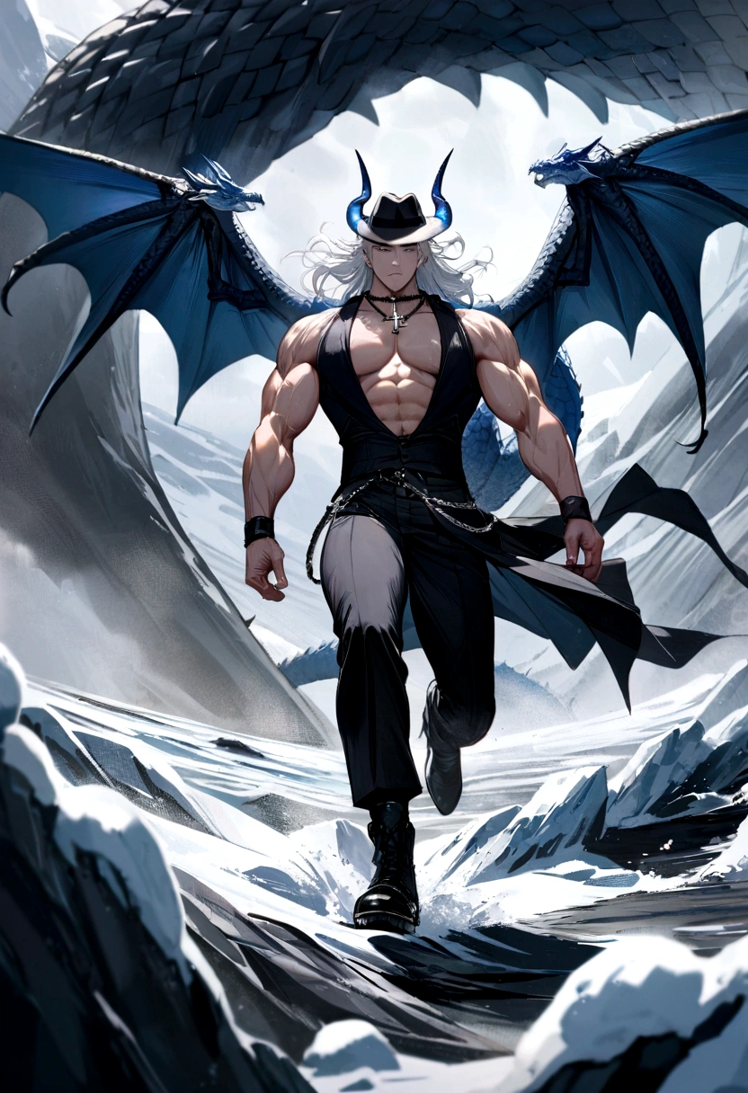 homen,Strong muscles, White hair, best quality,open chest vest, blue and black clothes, Dragon Wings, black cloth on face, silver cross chain on neck, long brimmed black fedora hat with black and blue dragon horns on hat with blue horns on hat, in the middle of the arctic 