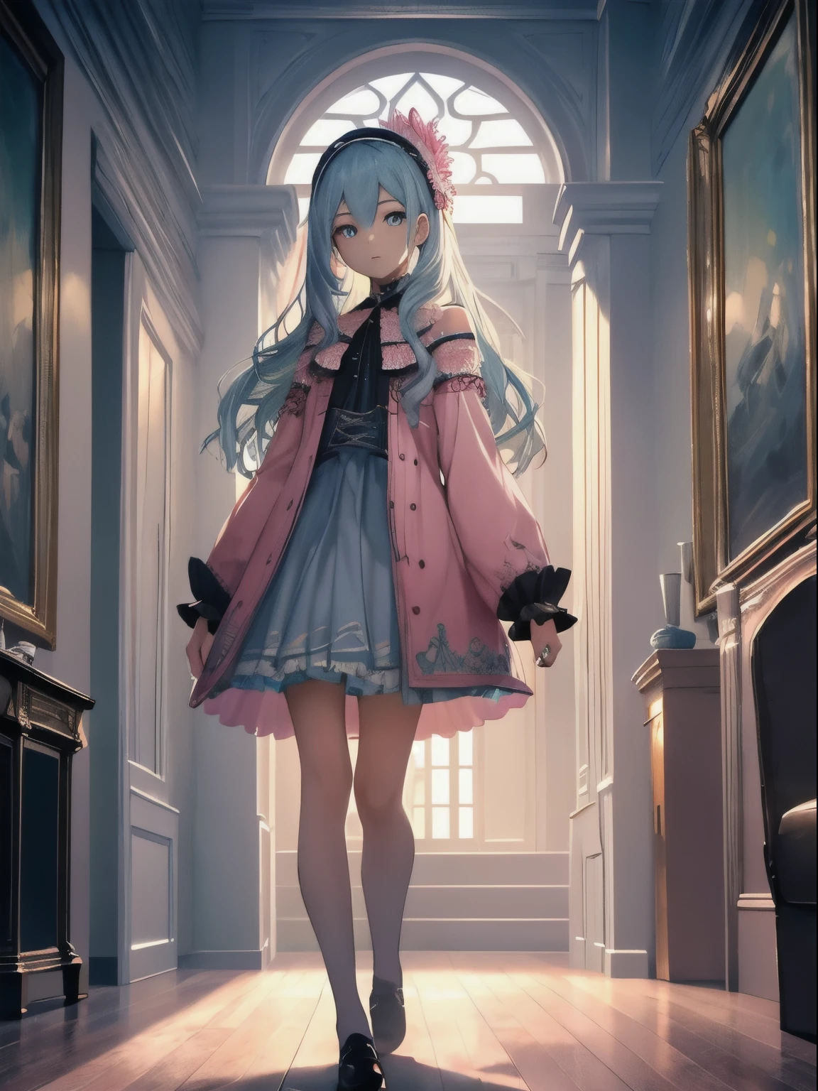 (8k, RAW photo, best quality, masterpiece: 1.2) detailed face, (light: 1.2), a detailed painting, clearly crafted detail, intricate, cinematic, dim natural lighting, (high skin detailed: 0.9), raytracing, detailed face, good face, high resolution,1girl, pastel blue hair, bright pink colored tattoos, short pink shirt, short frilly skirt, very long hair, hair band, full body view, monochrome living room, tattoo sleeve, pastel blue stockings