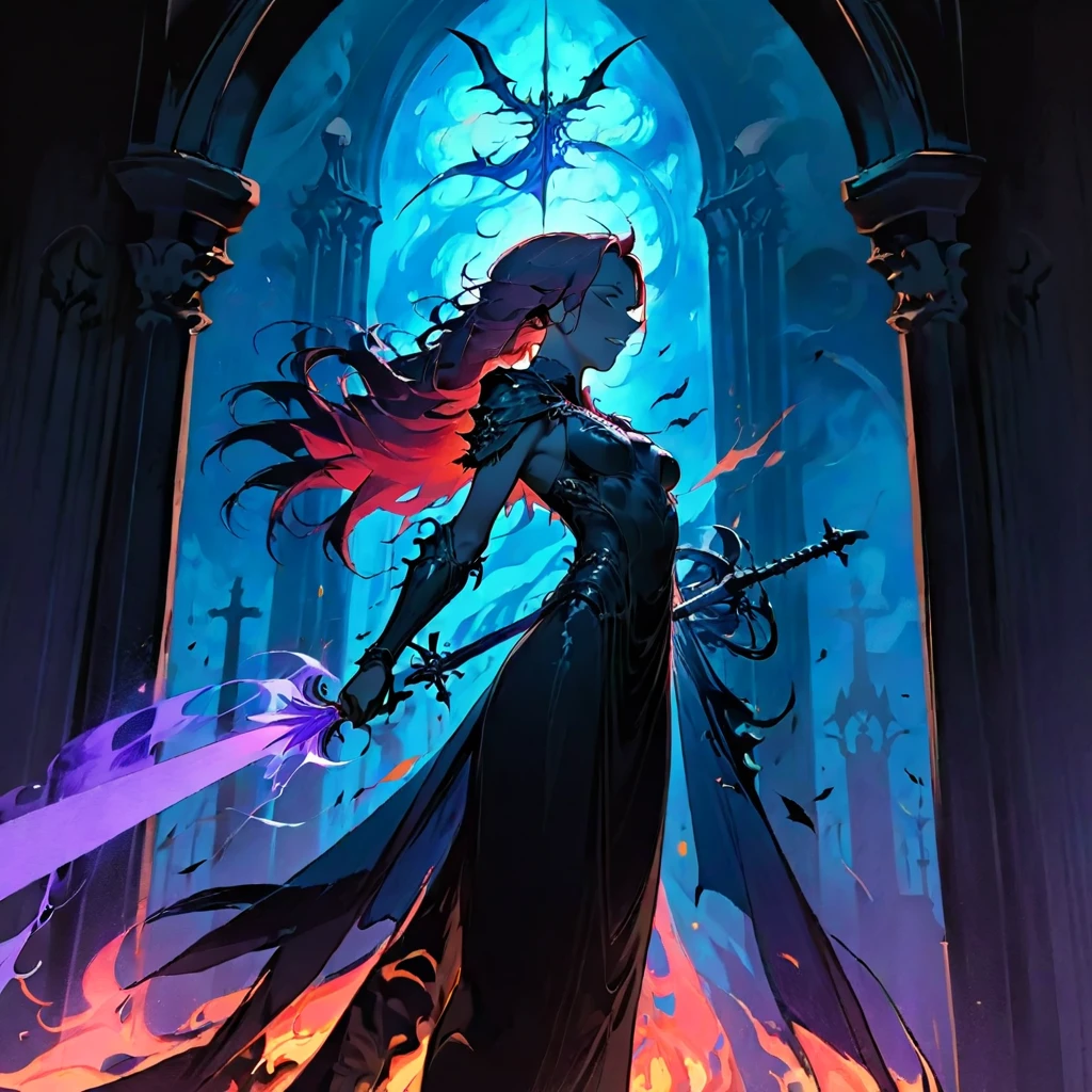 (((black light poster))), (((Silhouette))) ((mesmerizing glowing Silhouette with floating swords)), (((sly smile))), create a fascinating and mystical image ((side view of the body of the legendary vampire queen Lucretia)), flowing voluminous hair, aura of power and wealth, ((unearthly eerie flames in the background of the cemetery)), ((using a powerful spell)), more_Detail