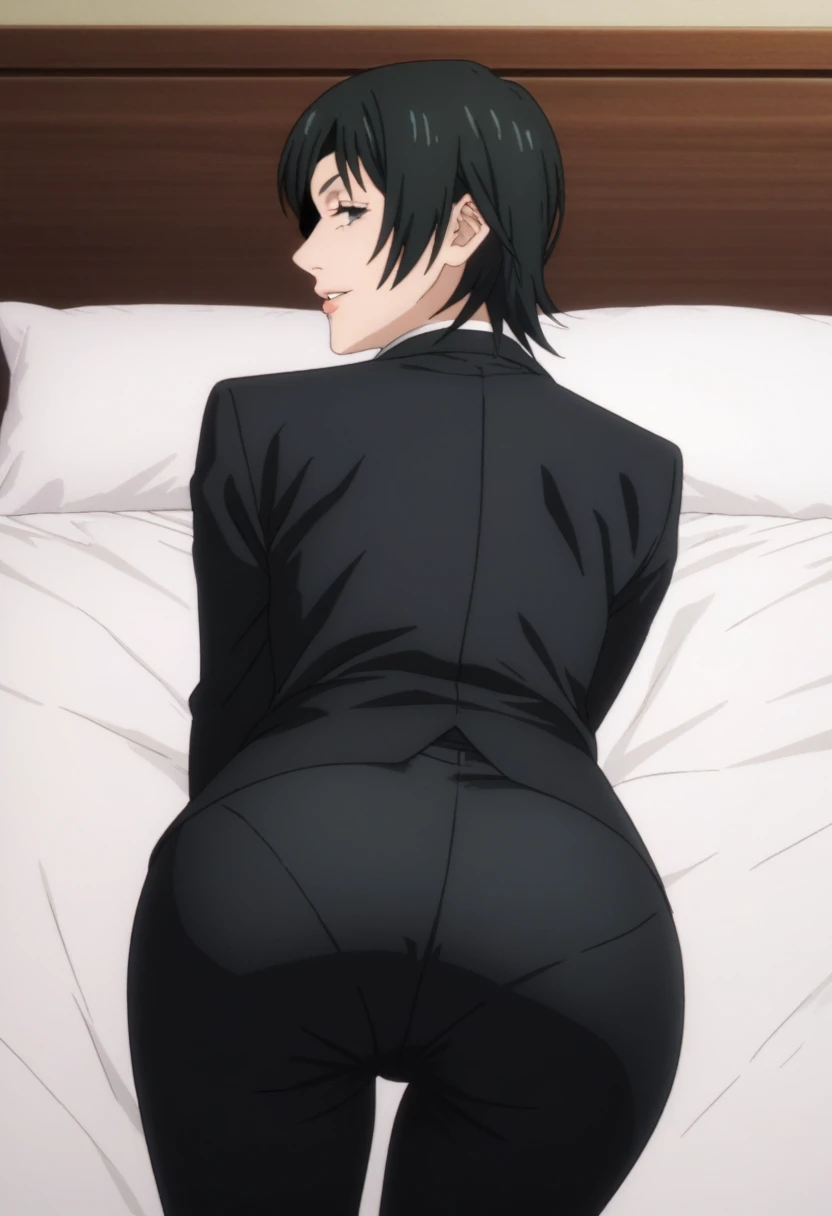 score_9_up, score_8_up, score_7_up, 1girl, solo, mature female, Himeo, black short hair, black eyes, right eye closed with eyepatch, pink lips, parted lips, fit slim body, perfect medium erected breast, (((black blazer, white shirt with black tie, black pants))), (((higly detailed modern luxury bedroom))), looking at the viewer, rose cheeks, naughty smile, bend over the bed and showing her ass, looking back, from behind