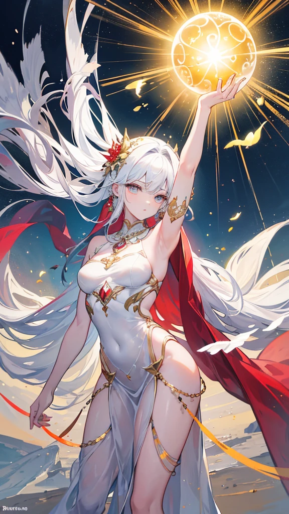 Imagine a surreal setting: a vast, almost endless desert whose golden sands gently fade into mist on the horizon. In the center of the painting rises a monumental, ancient sculpture of a female figure, whose body is made of an ethereal, otherworldly material, as if made of light itself. Her face, calm and mysterious, rises towards the sky, as if expressing deep contemplation or devotion.
Around the sculpture, in the air, float multicolored, transparent fish that seem to be swimming in an invisible ocean. Their shadows cast kaleidoscopic patterns on the sand, giving the landscape a magical depth.
In the foreground of the painting there is a figure in a red cloak, with his head bowed and his arms outstretched, as if in an act of devotion and adoration. In his hands he holds a small, pulsating ball of light that seems to emanate peace and mysterious energy.
The entire painting is permeated with a mood of mysticism, contemplation and deep reverence, creating a vision that is both beautiful and disturbing in its surreal harmony.