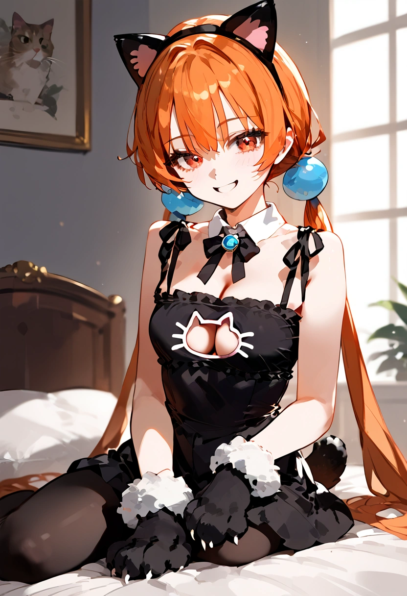 anime artwork, score_9, score_8_up, score_7_up, score_6_up, score_5_up, score_4_up,alisasr, 1girl, orange hair, red eyes, fake black cat ears, hairband, long hair, very long hair, twintails, hair ornament, hair bobbles, low twintails,, \\\\\\ style_3, floox style \\\\\ , cat lingerie, paws gloves, cat tail, lap pillow, evil smile
