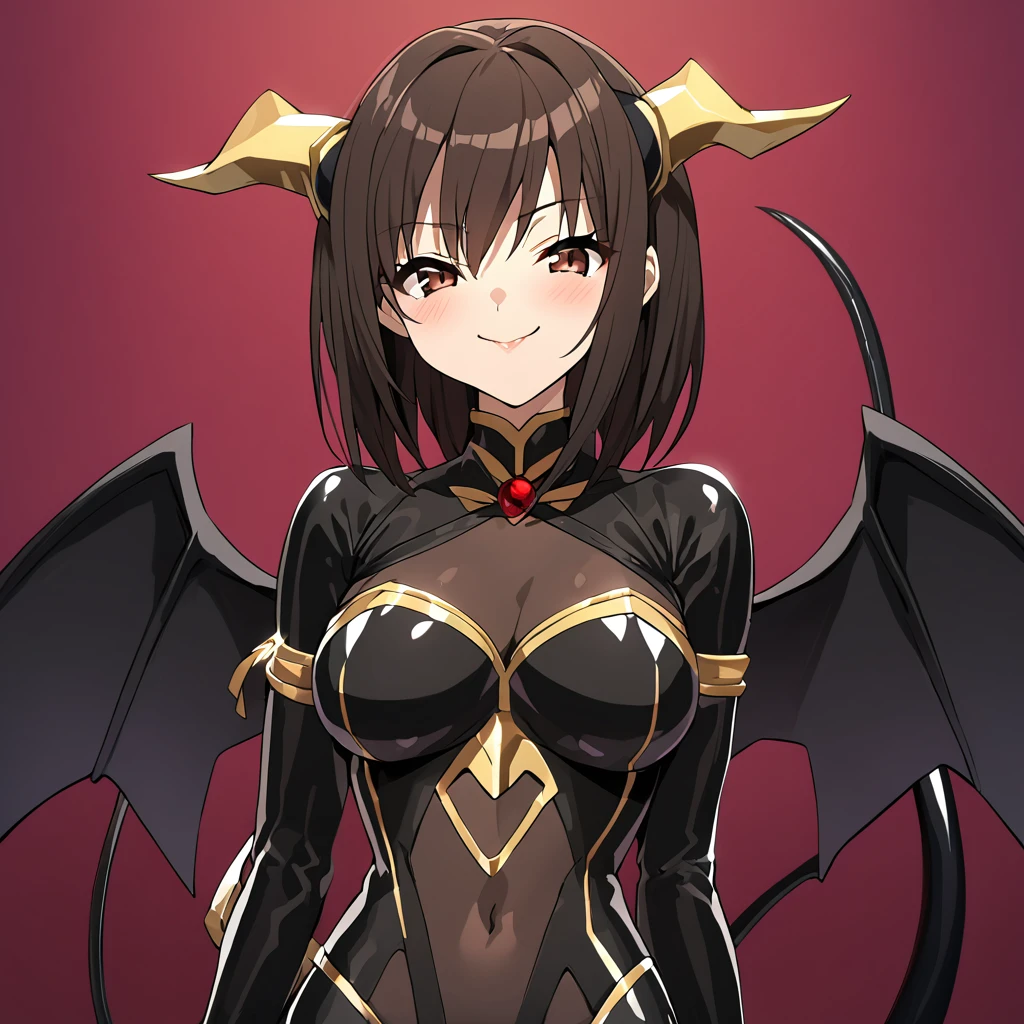 ((Highest quality)), ((masterpiece)), (detailed), (Perfect Face)、The woman is naked and wearing a shiny black full-body bodysuit decorated with gold, the sexy female demon, Devil Queen Haruhi Suzumiya、The woman is a female demon with magnificent devil horns, jet black devil wings and a jet black tail. She is looking at the camera with a happy expression, she is the demon Haruhi Suzumiya, she has short brown bob hair and the expression of a girl in love.、The Woman is Haruhi Suzumiya
