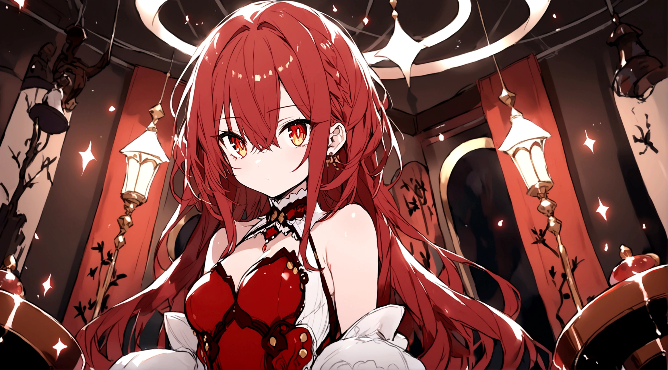 a character with long red hair. RED AND GOLD eyes. big