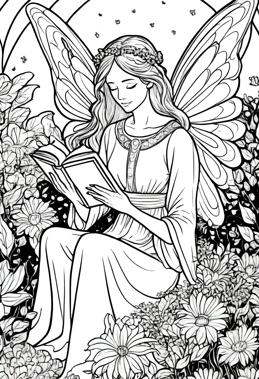 (A black and white coloring book:1.5), A fairy reading a book in a cozy nook surrounded by flowers, clean line art, white background, colouring page, clean outline