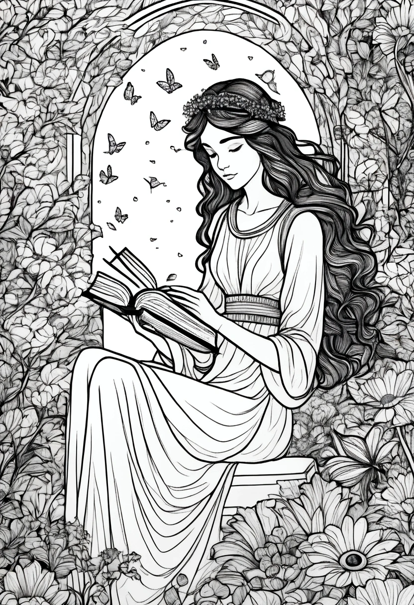 (A black and white coloring book:1.5), A fairy reading a book in a cozy nook surrounded by flowers, clean line art, white background, colouring page, clean outline