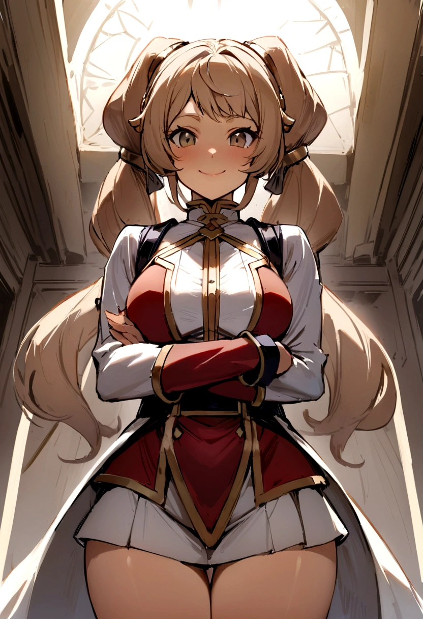 (master part, Best Quality:1.2), cowboy shot, Alone, 1 girl, alicia melchiott, smile, looking at the viewer, crossed arms, double tails, at the height, military uniform, atar, Thighs