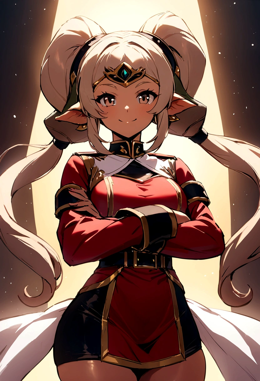 (master part, Best Quality:1.2), cowboy shot, Alone, 1 girl, alicia melchiott, smile, looking at the viewer, crossed arms, double tails, at the height, military uniform, atar, Thighs