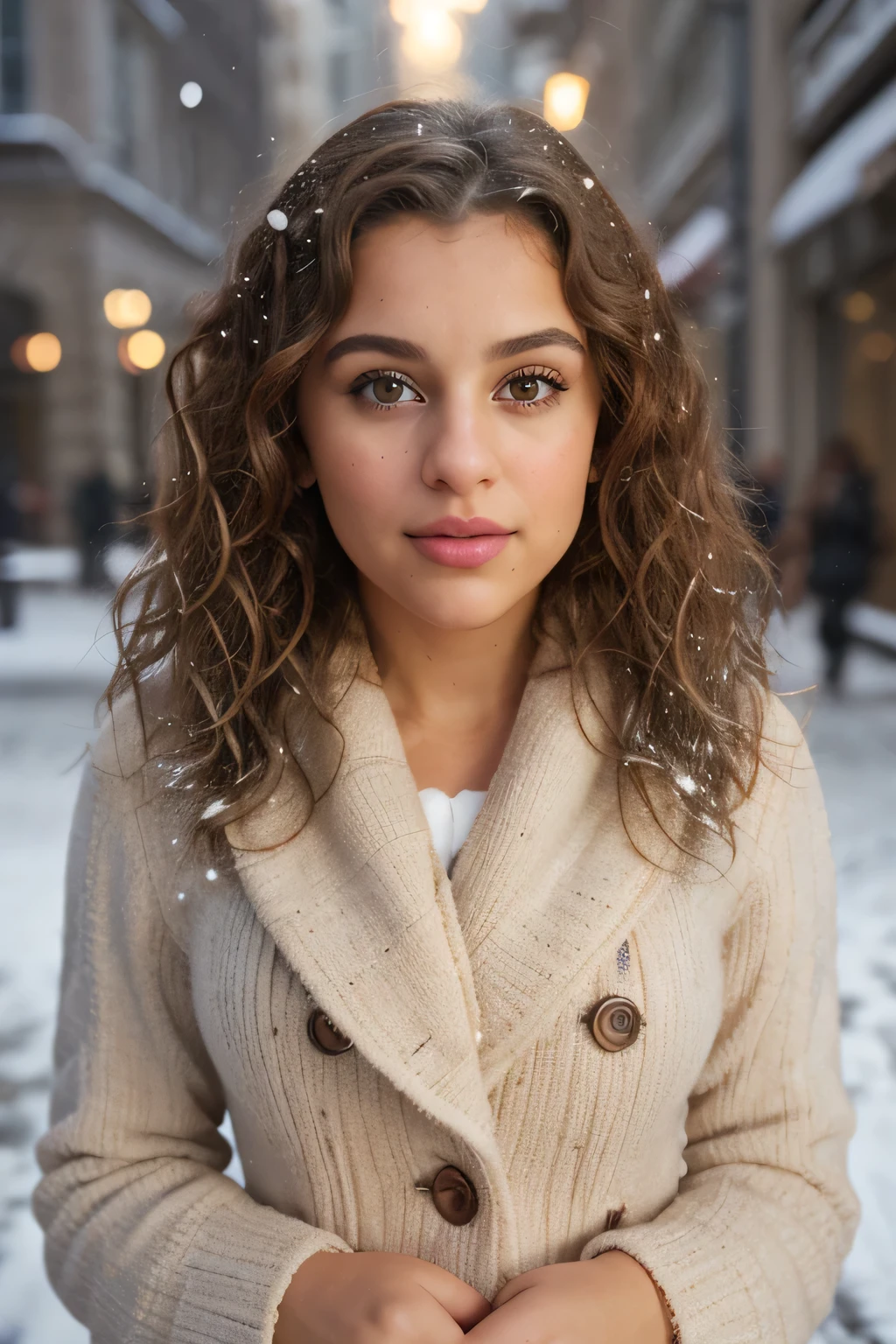 nice face, traits délicats du visage, curly hair, tanned complexion, super realistic, big brown eyes, beautiful lips, nez parfait, pose pour une photo, well lighted, Polish, , well dressed, walk around the city, vent, snowing