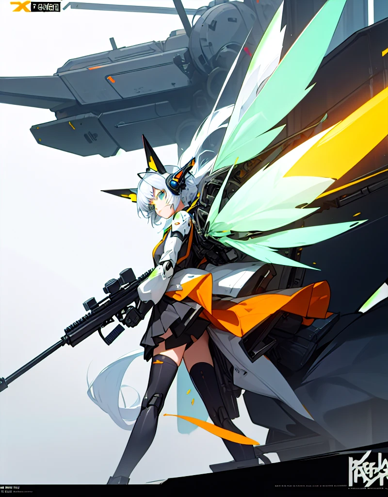 girl with partial light mecha top suit ((small neko ears)) and ((fox tail)), mechanical extensions, stokings, ((one leg has a_ black stocking)), the other leg is skin, holding a giant Sniper Rifle Pointed to the ground, Beautiful face with perfect sky-blue and green eyes, white hair, damaged oversized shirt over the suit which shows shoulders and skin. Futuristic wings with neon and rifles Cool dynamic pose, school skirt, mecha musume, mechanical parts, mecha, headgear, robot joints, full armor, becoming a mecha. High quality anime style