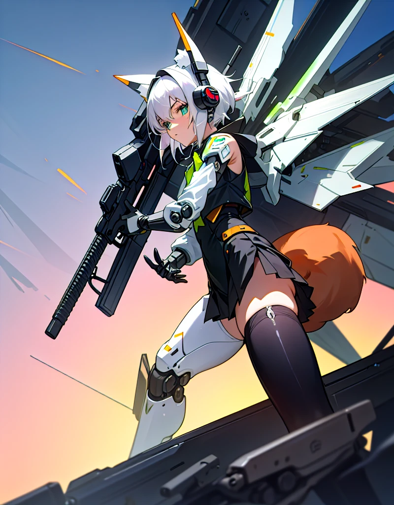 girl with partial light mecha top suit ((small neko ears)) and ((fox tail)), mechanical extensions, stokings, ((one leg has a_ black stocking)), the other leg is skin, holding a giant Sniper Rifle Pointed to the ground, Beautiful face with perfect sky-blue and green eyes, white hair, damaged oversized shirt over the suit which shows shoulders and skin. Futuristic wings with neon and rifles Cool dynamic pose, school skirt, mecha musume, mechanical parts, mecha, headgear, robot joints, full armor, becoming a mecha. High quality anime style