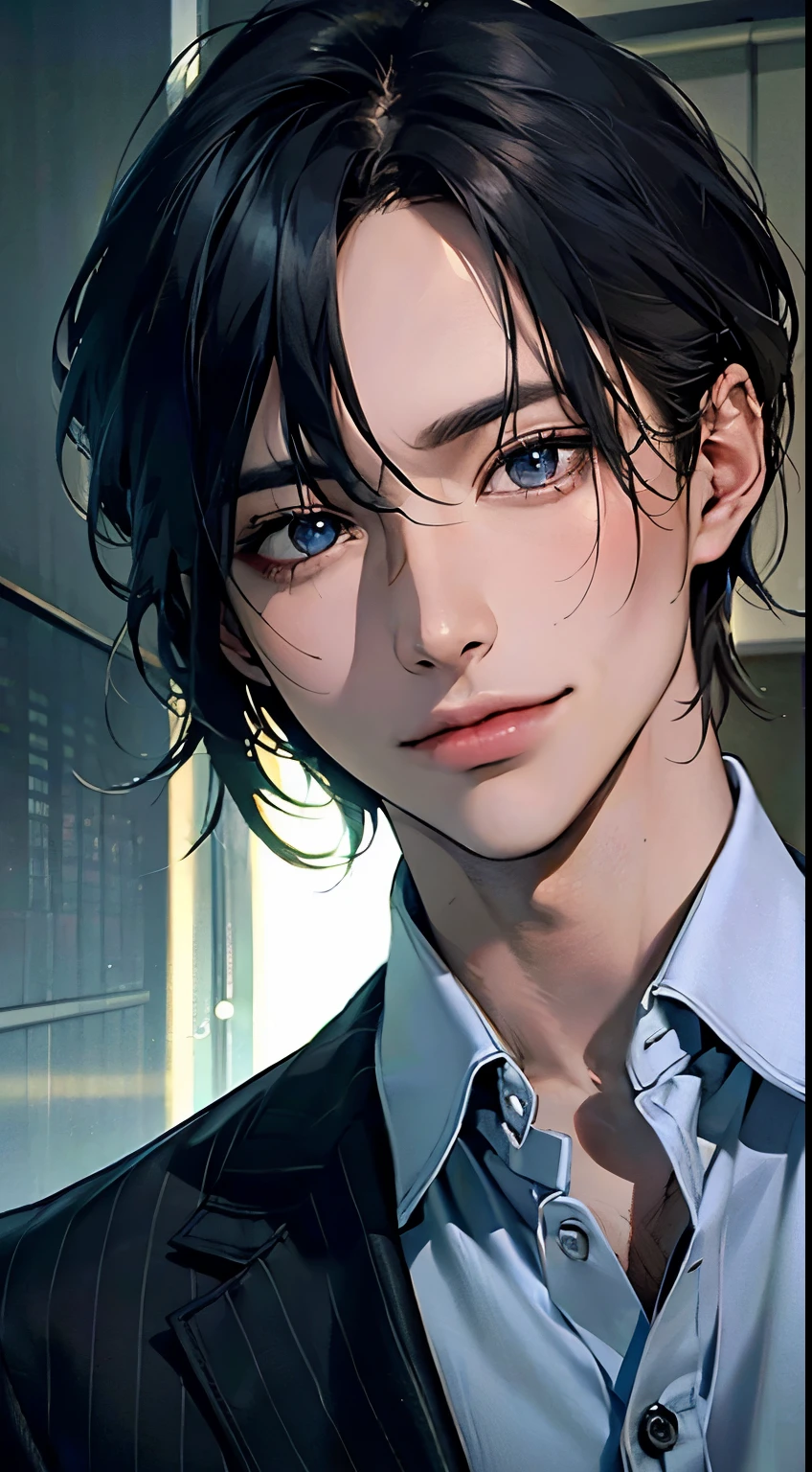 (Highest quality,4K,8K,High resolution,masterpiece:1.2),Super detailed,(Realistic,photoRealistic,photo-Realistic:1.37),1 person,31 years old,Mature Men,very handsome,Expressionless,smile,Short gray-black hair,blue eyes,Sharp Eyes,A perfect face without a doubt,Intimidating posture,Businessman,Office Background,Cinema Lighting,HDR image