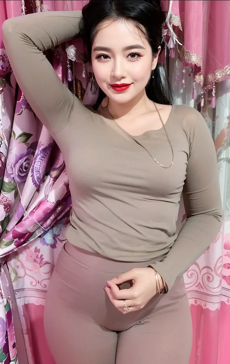 A beautiful woman posing in front of a curtain with a red lipstick, lovely woman, woman model, full body photogenic shot, taken in the early 2020s, full body picture, photo taken in 2 0 2 0, profile photo, profile image, profile pic, woman posing, full body female, attractive pose, taken in 2 0 2 0