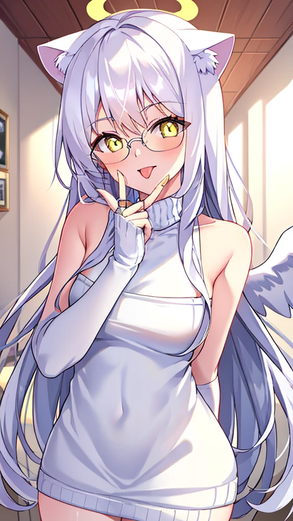 A 20-year-old female angel with long hair, white hair, yellow eyes, white cat ears, and white angel wings. A glowing yellow halo ring above the head. Round glasses. (White halter turtleneck sweater, white purekiller sweater, sleeveless, sexy backless sweater, white dress) White arm warmers, stick out tongue, bedroom