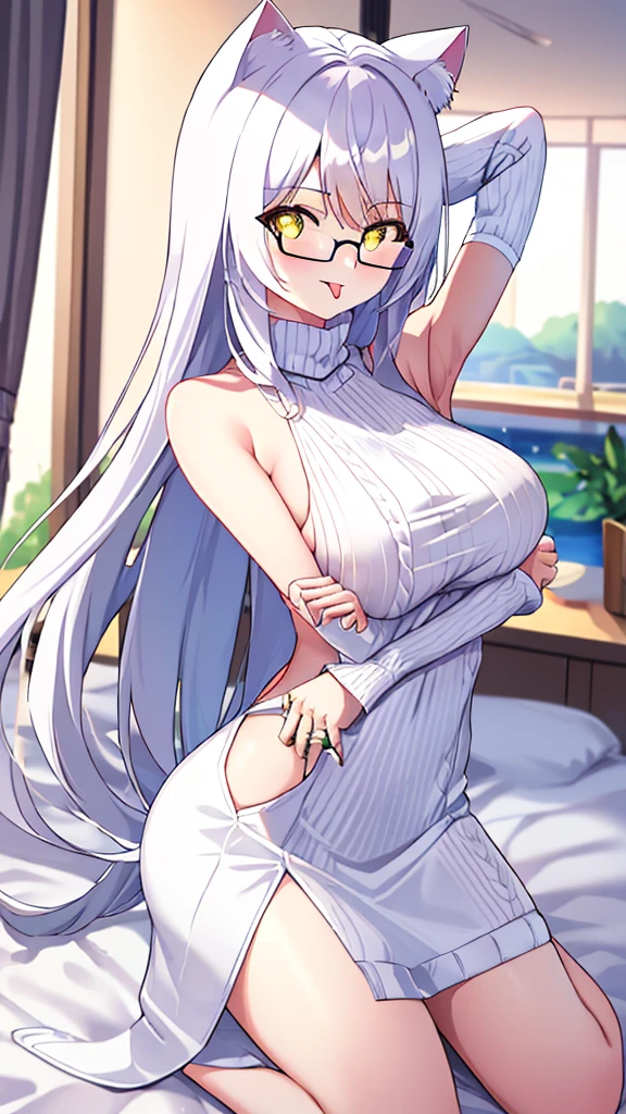 A 20-year-old female angel with long hair, white hair, yellow eyes, white cat ears, and white angel wings. A glowing yellow halo ring above the head. Round glasses. (White halter turtleneck sweater, white purekiller sweater, sleeveless, sexy backless sweater, white dress) White arm warmers, stick out tongue, bedroom