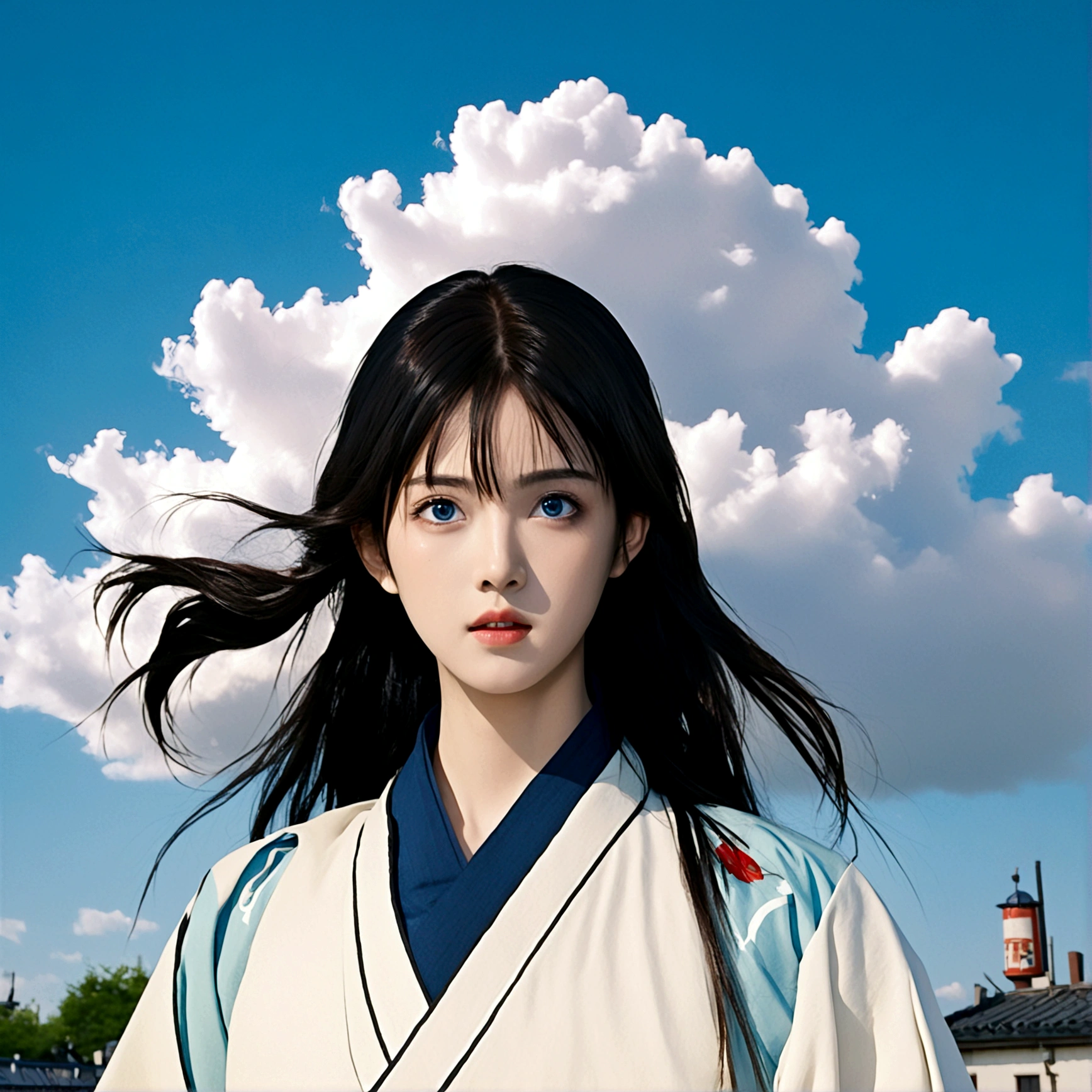 1girl, solo, long hair, looking at viewer, bangs, blue eyes, black hair, upper body, male focus, outdoors, parted lips, japanese clothes, sky, day, cloud, blue sky, cloudy sky