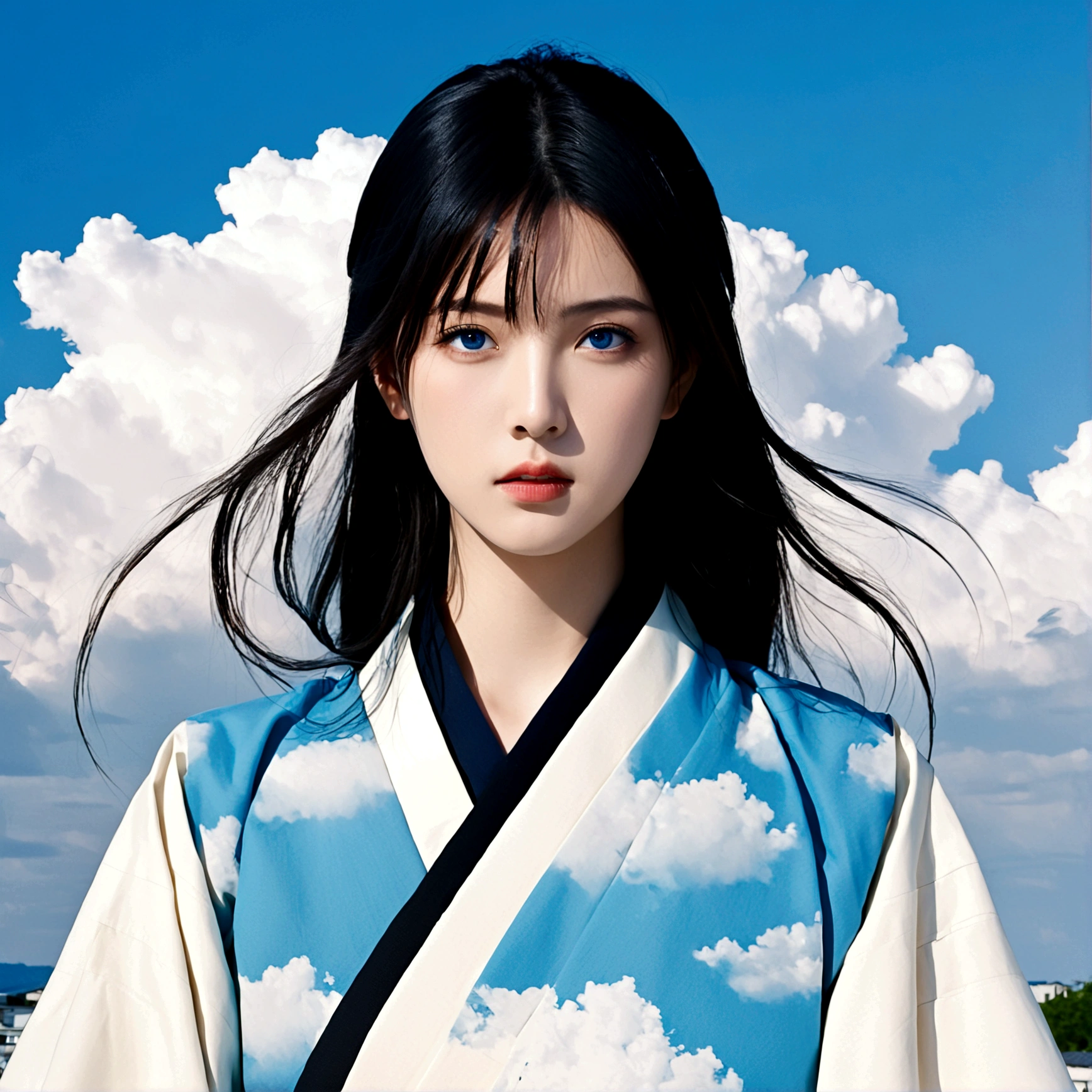 1girl, solo, long hair, looking at viewer, bangs, blue eyes, black hair, upper body, male focus, outdoors, parted lips, japanese clothes, sky, day, cloud, blue sky, cloudy sky