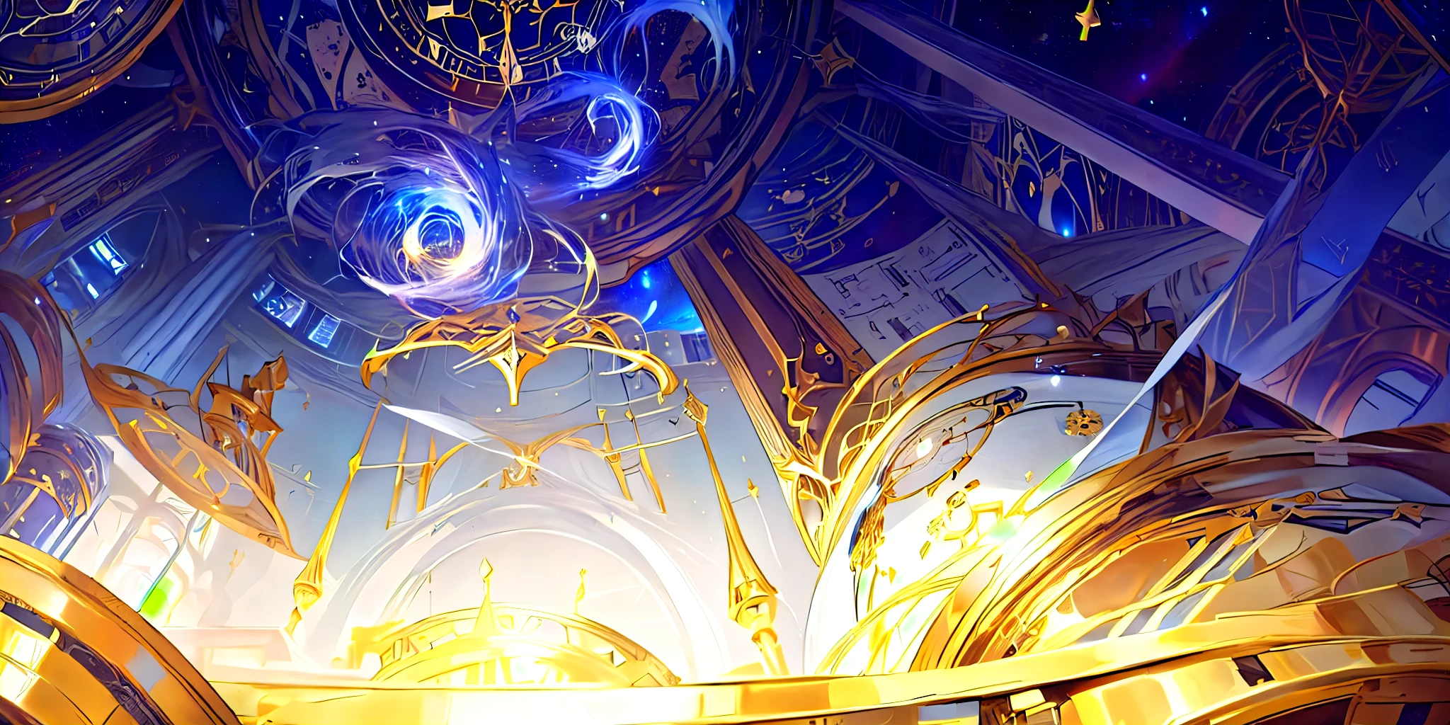 There is a clock on the ceiling of a building., Infinite Space Clock Background, Infinite Celestial Library, Alchemist's Library Background, background technologywork, Animation New Art Universe Display, Intricate sparkling atmosphere, background technology, Concept Art magical highlight, Kingdom of Light Background, Arena Background, anime background technology, astral background, Gorgeous border + Concept Art, Star Clocks