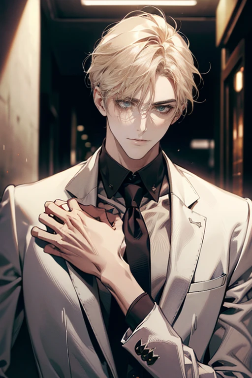 (tmasterpiece, high resolution, ultra - detailed:1.0), (1 boy, Young male, masculine face), Perfect male body, tall and strong, Adult male, Delicate eyes and delicate face, Extremely detailed CG, Unity 8k wallpaper, Complicated details, Detailed face, (blond hair, messy hair, serious faces, white shirts,Bad students), (frown,evil smile:1.3), stad in school corridor, street style, color difference, Depth of field, dramatic shadow, Ray tracing, Best quality, Cinematic lighting, offcial art,Portrait