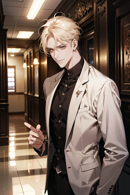 (tmasterpiece, high resolution, ultra - detailed:1.0), (1 boy, Young male, masculine face), Perfect male body, tall and strong, Adult male, Delicate eyes and delicate face, Extremely detailed CG, Unity 8k wallpaper, Complicated details, Detailed face, (blond hair, messy hair, serious faces, white shirts,Bad students), (frown,evil smile:1.3), stad in school corridor, street style, color difference, Depth of field, dramatic shadow, Ray tracing, Best quality, Cinematic lighting, offcial art,Portrait