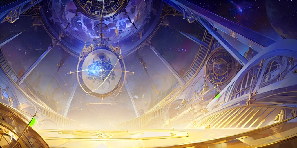 There is a clock on the ceiling of a building., Infinite Space Clock Background, Infinite Celestial Library, Alchemist's Library Background, background technologywork, Animation New Art Universe Display, Intricate sparkling atmosphere, background technology, Concept Art magical highlight, Kingdom of Light Background, Arena Background, anime background technology, astral background, Gorgeous border + Concept Art, Star Clocks