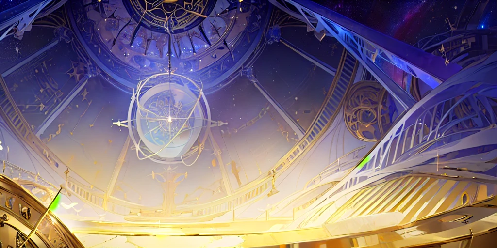 There is a clock on the ceiling of a building., Infinite Space Clock Background, Infinite Celestial Library, Alchemist's Library Background, background technologywork, Animation New Art Universe Display, Intricate sparkling atmosphere, background technology, Concept Art magical highlight, Kingdom of Light Background, Arena Background, anime background technology, astral background, Gorgeous border + Concept Art, Star Clocks