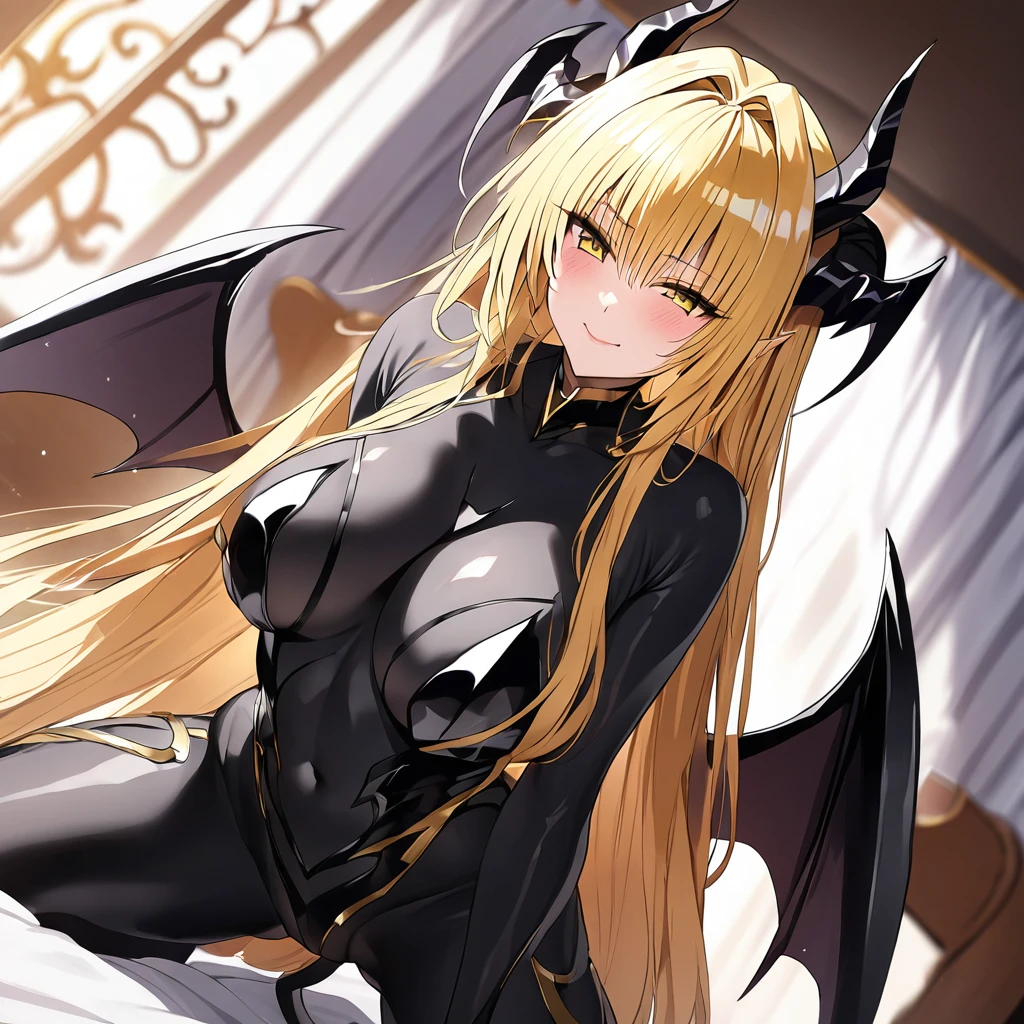 ((Highest quality)), ((masterpiece)), (detailed), (Perfect Face)、The woman is a naked demon queen, Devil Queen Tiare, wearing a shiny black full-body bodysuit decorated with gold, a sexy female demon, Devil Queen Tiare.、The woman is a female demon with magnificent devil horns, jet black devil wings and a jet black tail. She is a demon named Tiare who is looking at the camera with a happy expression, with blonde medium long hair and the expression of a maiden in love.、The woman is Tiare