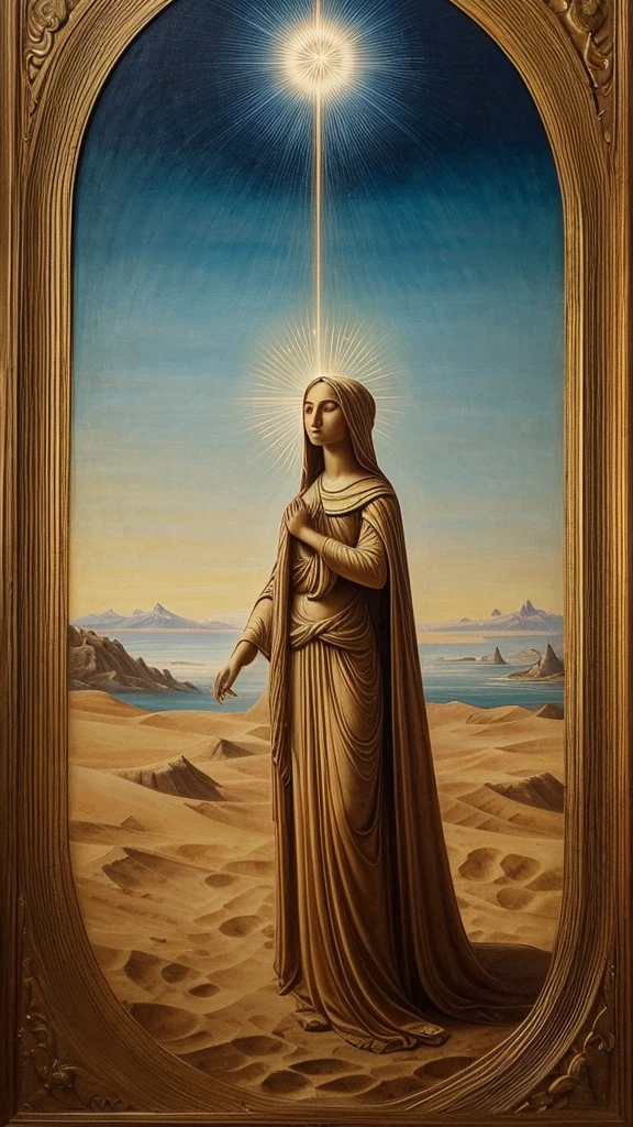 Imagine a surreal setting: a vast, almost endless desert whose golden sands gently fade into mist on the horizon. In the center of the painting rises a monumental, ancient sculpture of a female figure, whose body is made of an ethereal, otherworldly material, as if made of light itself. Her face, calm and mysterious, rises towards the sky, as if expressing deep contemplation or devotion.
Around the sculpture, in the air, float multicolored, transparent fish that seem to be swimming in an invisible ocean. Their shadows cast kaleidoscopic patterns on the sand, giving the landscape a magical depth.
In the foreground of the painting there is a figure in a red cloak, with his head bowed and his arms outstretched, as if in an act of devotion and adoration. In his hands he holds a small, pulsating ball of light that seems to emanate peace and mysterious energy.
The entire painting is permeated with a mood of mysticism, contemplation and deep reverence, creating a vision that is both beautiful and disturbing in its surreal harmony.