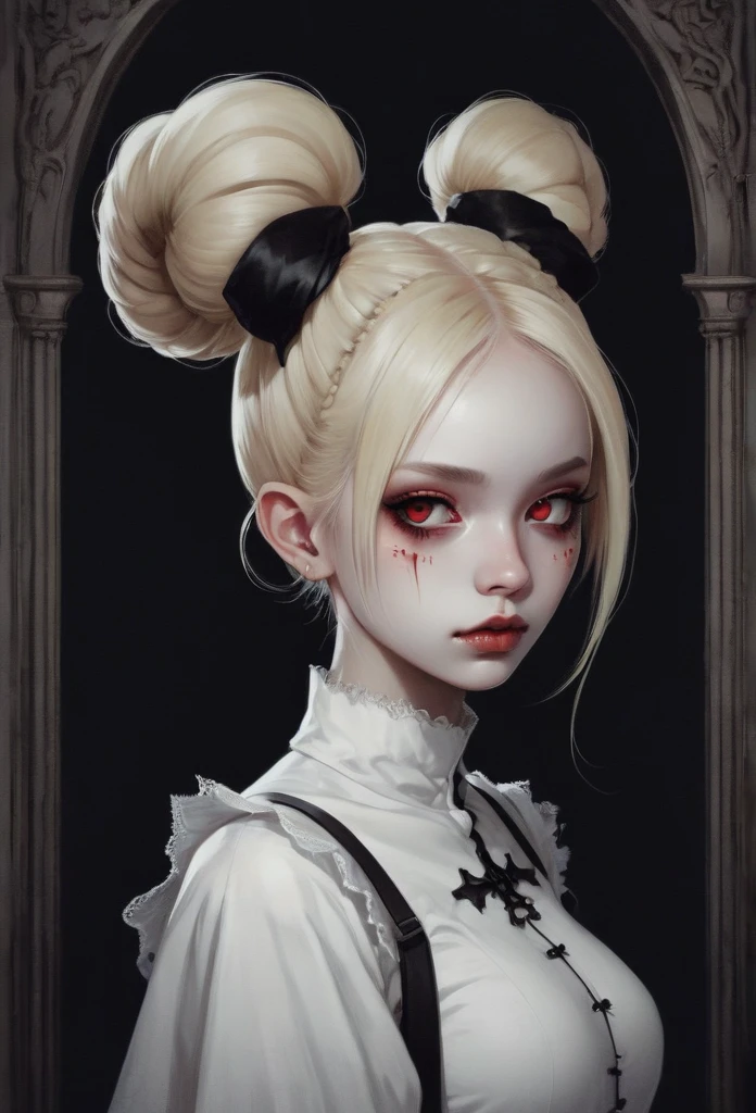 gothic aesthetic, I created an image of a female creature with a thin face, your skin color is red, she has a tail, wear white clothes, her hair is blonde and she wears a two-bun hairstyle on her head., gothic and dark style art