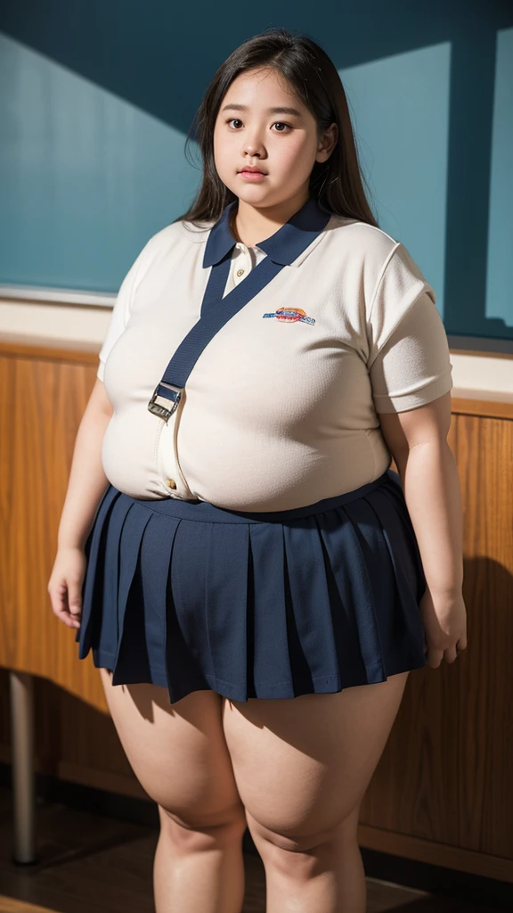 a 10 year old obese girl, chubby cheeks, round face, double chin, thick arms and legs, wearing a , standing in a school setting, realistic, detailed, highly detailed, intricate details, photorealistic, 8k, masterpiece, cinematic lighting, dramatic shadows, vibrant colors