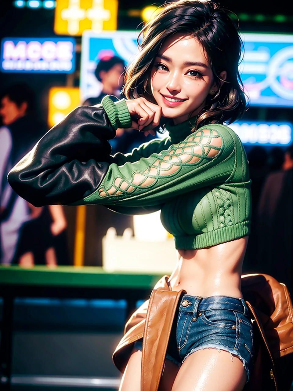 masterpiece, best quality, a dark skinned black woman wearing a detailed green turtle neck sweater with a intricate black cruiser jacket with blue jeans at a street party at night, asymmetrical afro haircut, jacket off one shoulders, midriff, smile, teeth, insane ultra hires, extreme intricate details, tooth gap, round ass
HDR, natural lighting, volumetric shading, dynamic pose, Hyperrealistic, realistic lighting, dramatic shadows, hard focus, high contrast, dramatic perspective
dramatic shadows,