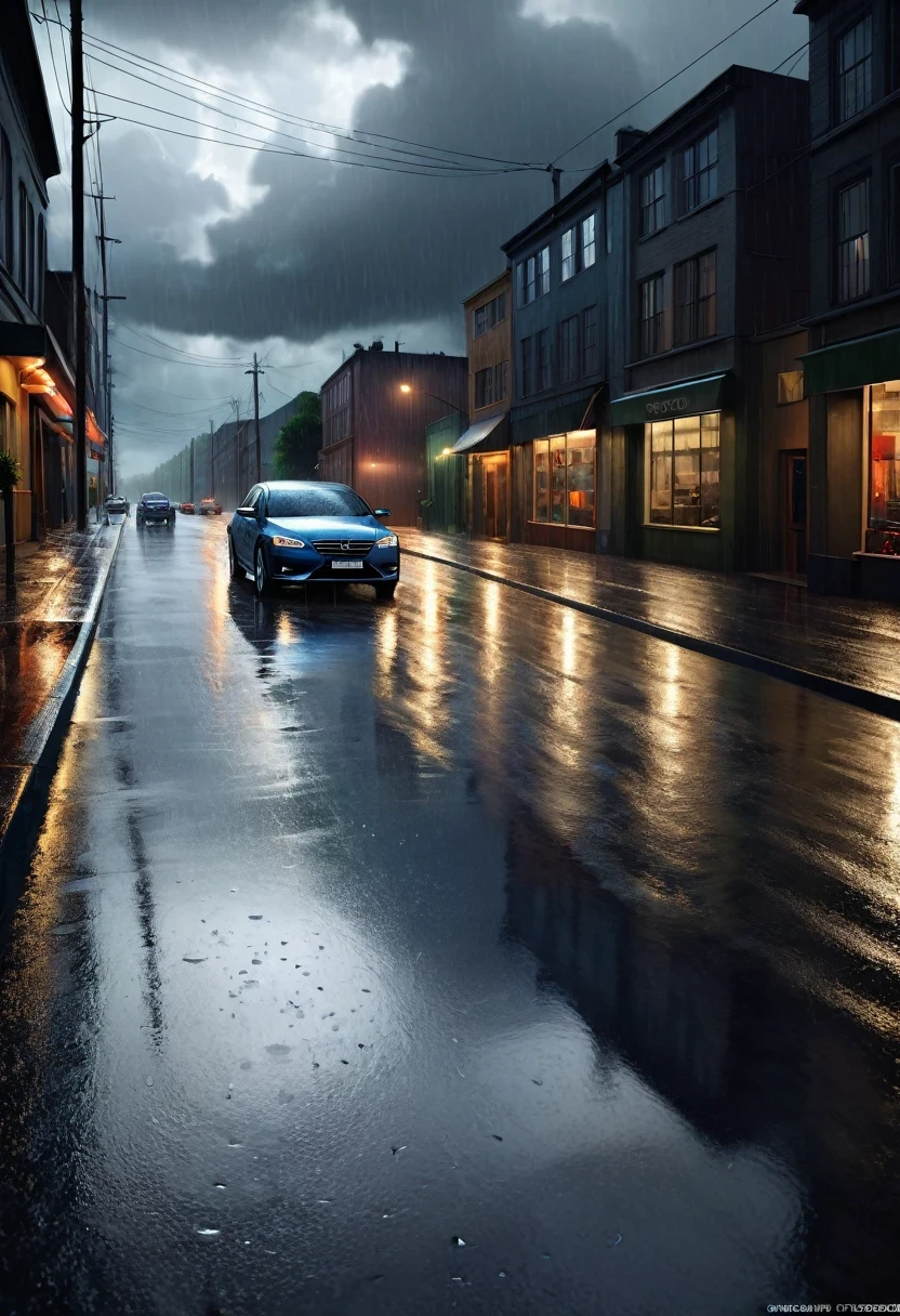 a car parked on a rainy road,cloudy sky,detailed rain drops,dramatic lighting,moody atmosphere,cinematic,photorealistic,ultra-detailed,8k,HDR,vibrant colors,natural lighting,realistic reflections,wet ground,puddles,realistic textures