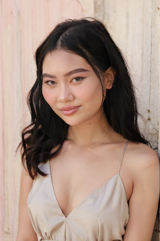 arafed woman with a white dress and a pink background, a pastel inspired by reyna rochin, shutterstock, realism, flawless olive skin, cindy avelino, portrait sophie mudd, portrait of modern darna, beautiful face and flawless skin, very pretty face, good looking face, madison beer girl portrait, violet myers, fair olive skin