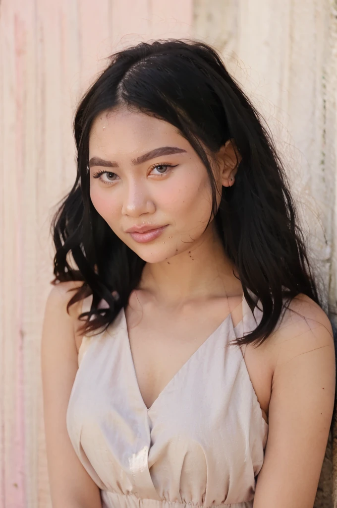 arafed woman with a white dress and a pink background, a pastel inspired by reyna rochin, shutterstock, realism, flawless olive skin, cindy avelino, portrait sophie mudd, portrait of modern darna, beautiful face and flawless skin, very pretty face, good looking face, madison beer girl portrait, violet myers, fair olive skin