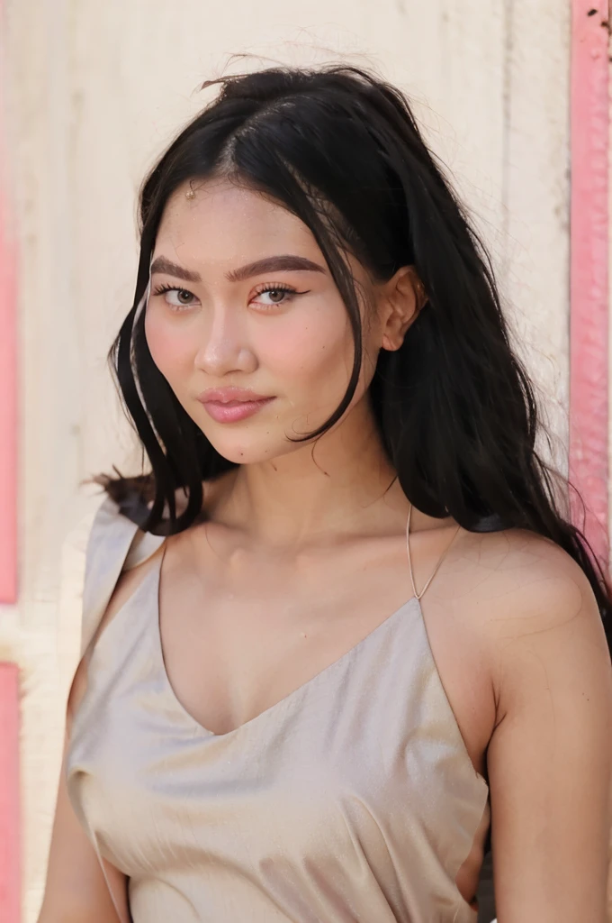 arafed woman with a white dress and a pink background, a pastel inspired by reyna rochin, shutterstock, realism, flawless olive skin, cindy avelino, portrait sophie mudd, portrait of modern darna, beautiful face and flawless skin, very pretty face, good looking face, madison beer girl portrait, violet myers, fair olive skin