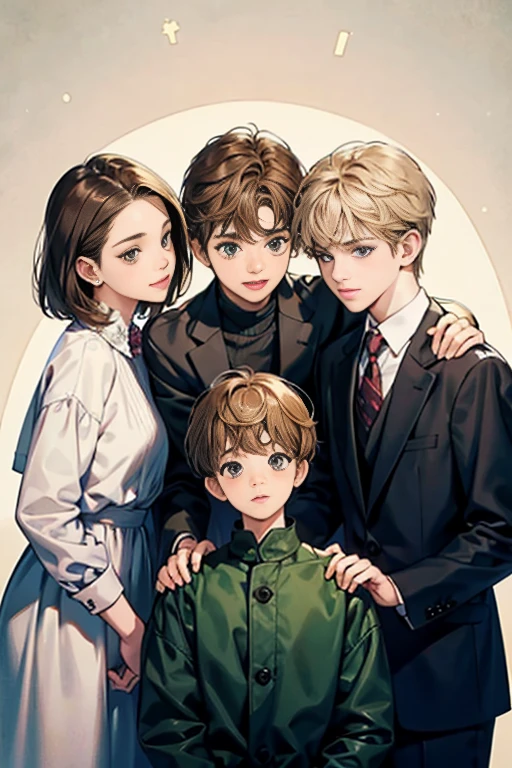 Friends, 3 boys, 1 girl, brothers, different hair color, short dark hair and brown eyes, short blonde hair and green eyes, short brown hair and brown eyes, side by side, suit, smile, white clothe, 25 years old