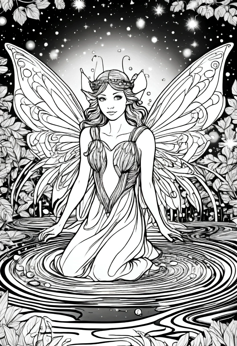 (A black and white coloring book:1.5), A fairy with crystal wings hovering over a sparkling stream, clean line art, white background, colouring page, clean outline